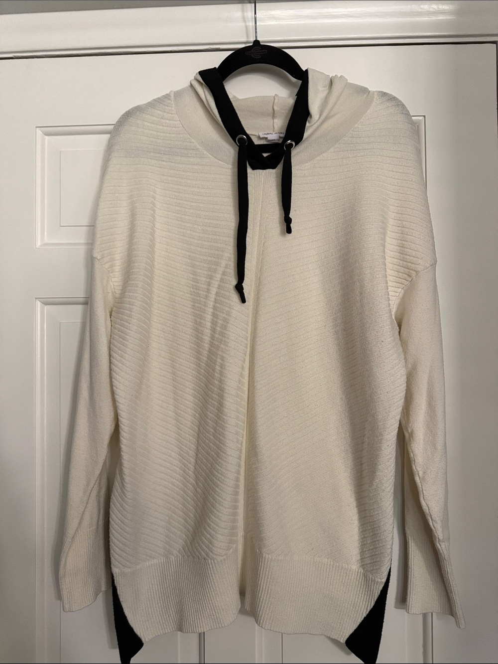 Cozy Cream Hooded Knit Sweater with Black Drawcord